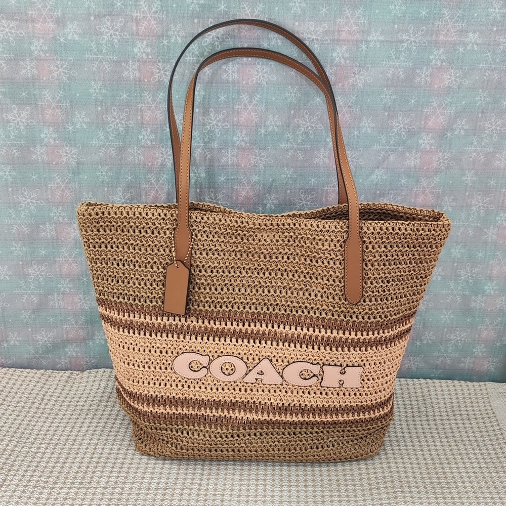 Coach Straw Crochet Tote in Natural and Blush Pink